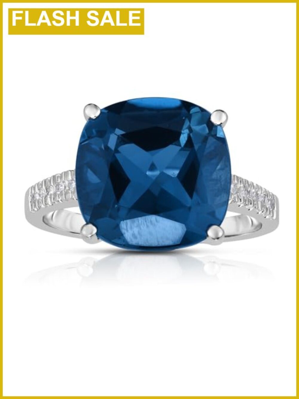 14k White Gold London Blue Topaz Diamond Cushion Statement Ring